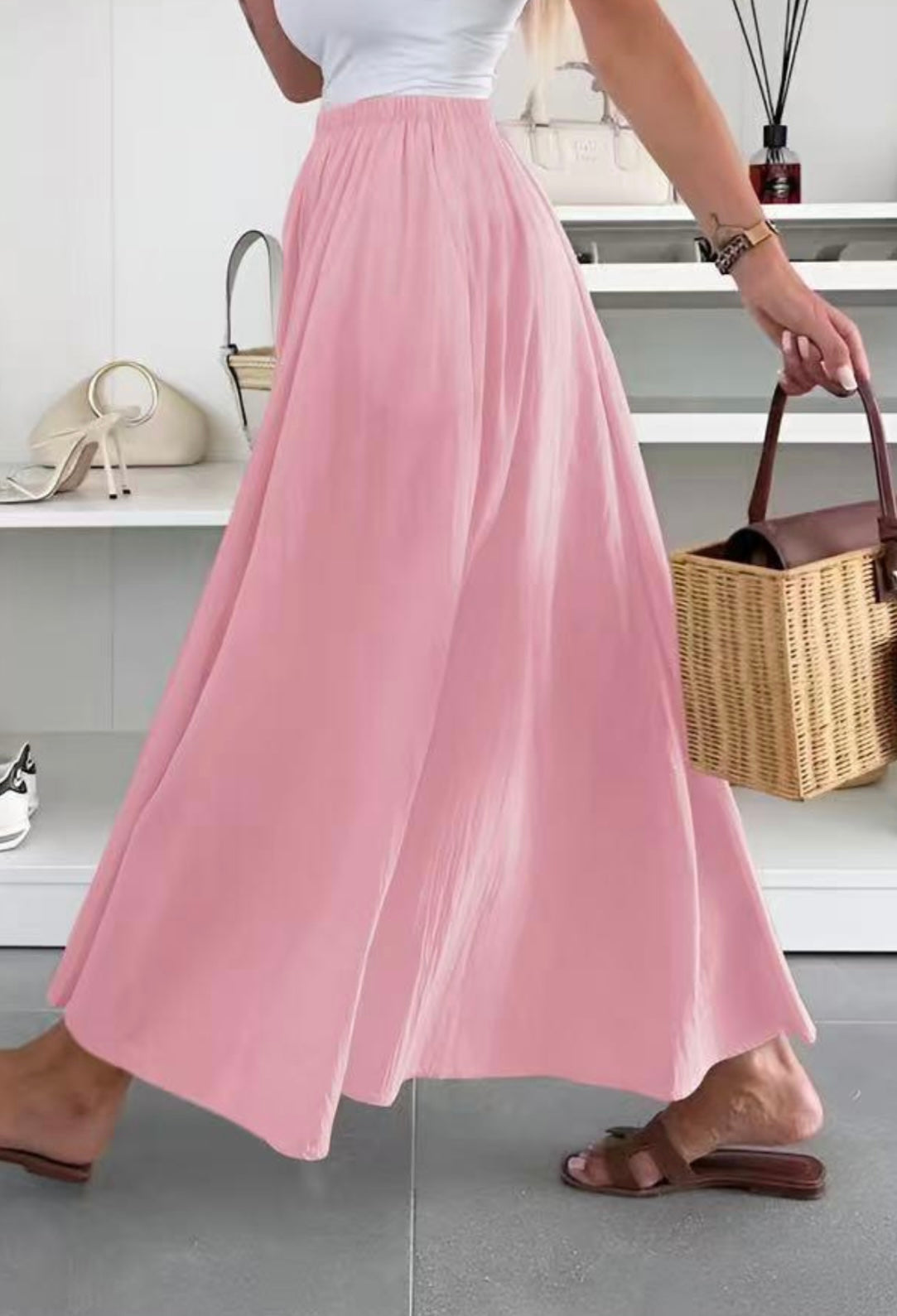 Jupe longue fluide rose poudré