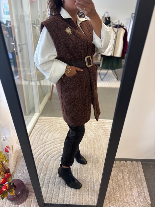 Gilet long chocolat sans manches