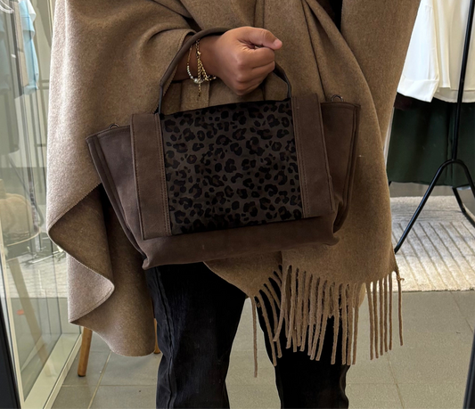 Sac cabas marron à empiècement léopard