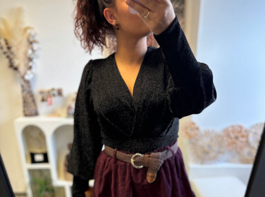 Body noir pailleté cache-cœur – Élégance & féminité