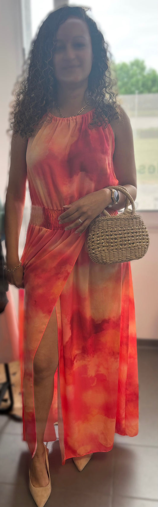 Robe longue effet tie & dye orangé