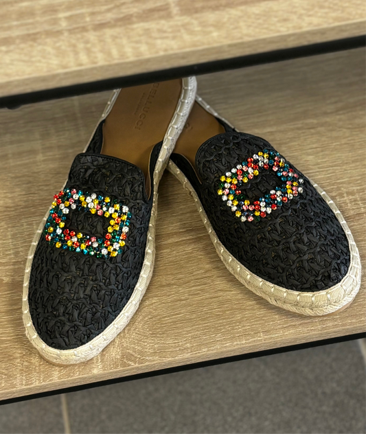 Espadrilles Noires Tressées – Détail Strass Multicolores