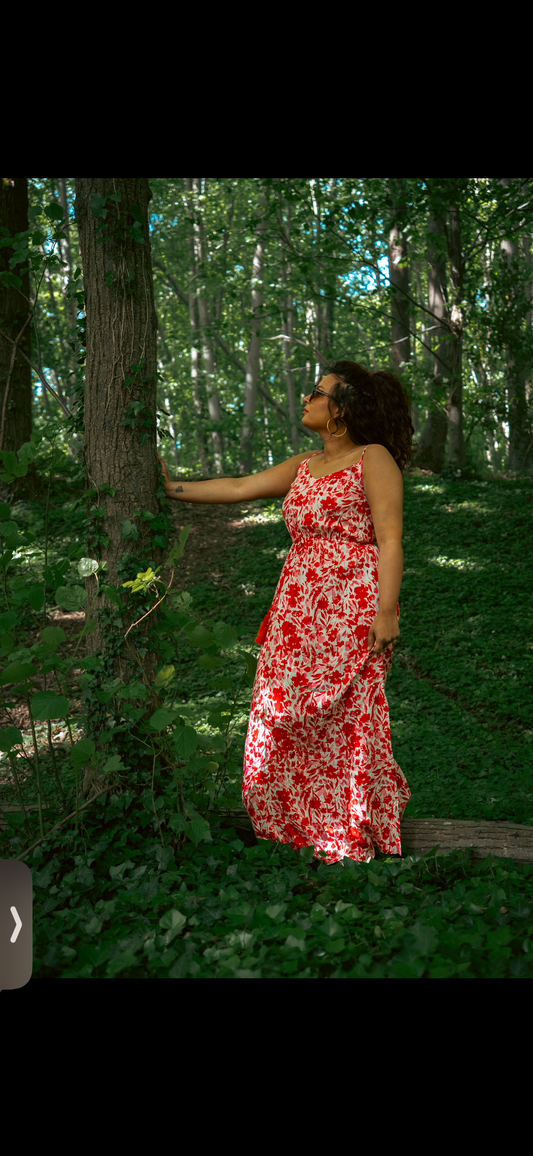 Robe longue fleurie rouge & blanche