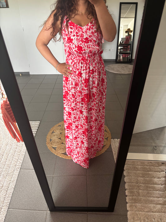 Robe longue fleurie rouge & blanche